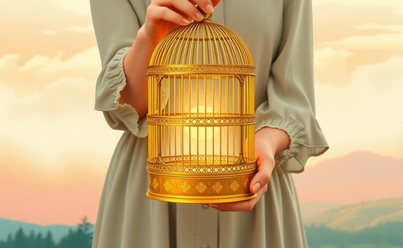 Osoba uwalnia złoconą, pękniętą klatkę, z której wydobywa się światło, na tle pastelowego krajobrazu.