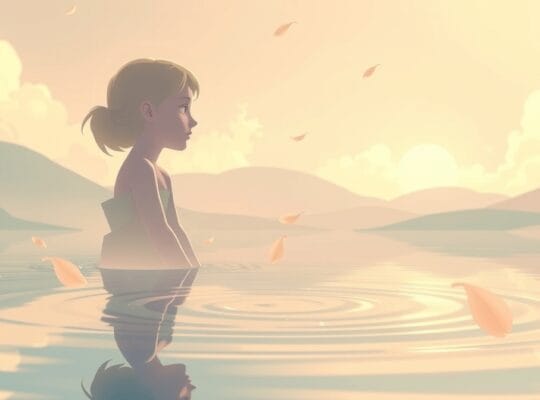 Eteryczna postać kontempluje odbicia myśli w jeziorku, otoczona opadającymi listkami, symbolizującymi wzrost.