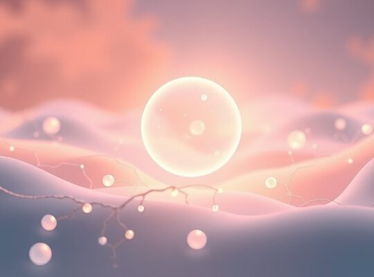 Sztuczny, pastelowy pejzaż mózgu z lśniącą kulą dopaminy.