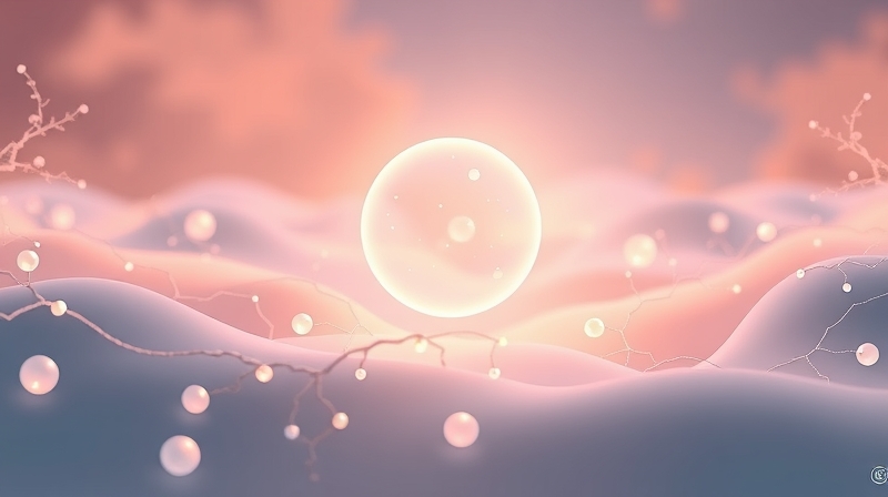 Sztuczny, pastelowy pejzaż mózgu z lśniącą kulą dopaminy.