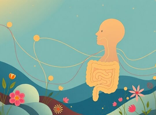 Stylizowany, barwny system jelitowy jako sielankowy krajobraz z bakteriami i połączeniem z głową.