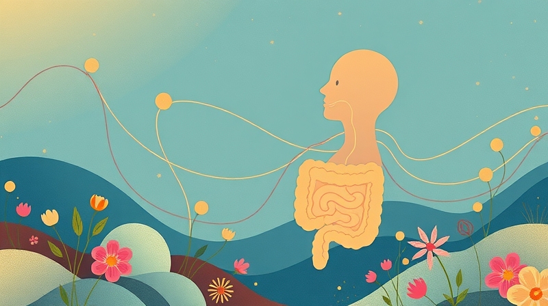 Stylizowany, barwny system jelitowy jako sielankowy krajobraz z bakteriami i połączeniem z głową.