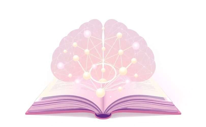 Abstrakcyjne ścieżki neuronowe, książka/kwiaty, świeciejące kulki acetylocholiny, synapsy.
