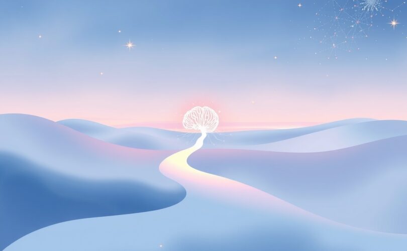 Abstrakcyjny krajobraz, święcące węzły kory przedczołowej, ścieżka ku odległemu horyzontowi.