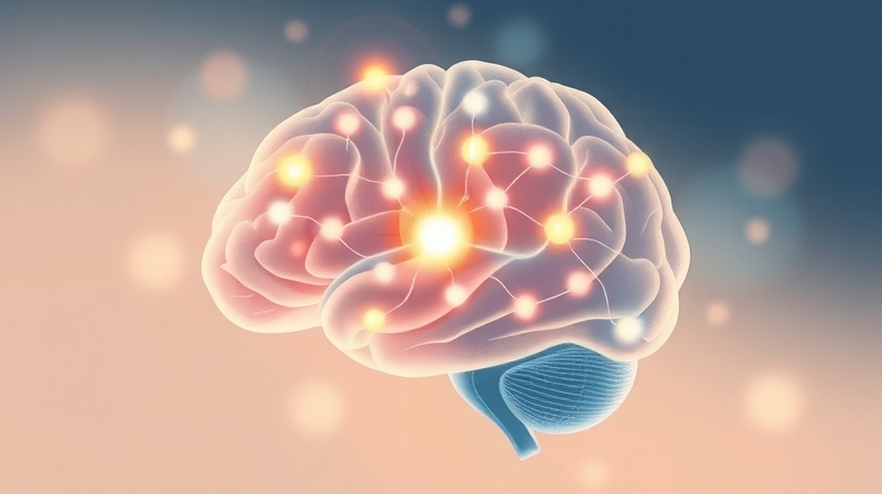 Symboliczne przedstawienie kory somatosensorycznej przetwarzającej emocjonalny dotyk, z neuralnymi ścieżkami emanującymi ciepłym światłem.