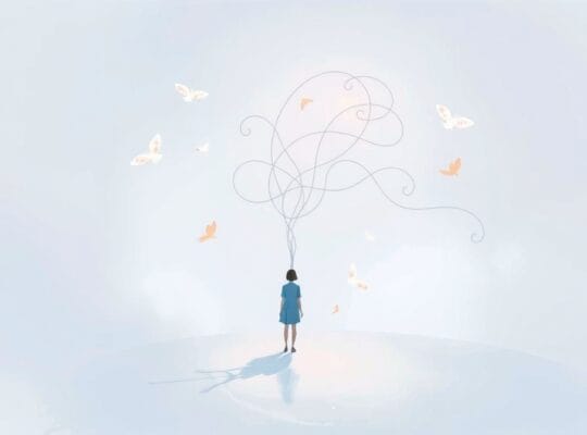 Abstrakcyjna, pastelowa forma symbolizująca zmienną osobowość, otoczona unoszącymi się myślami i emocjami.