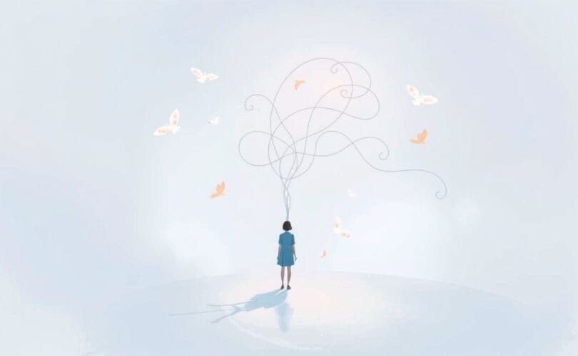 Abstrakcyjna, pastelowa forma symbolizująca zmienną osobowość, otoczona unoszącymi się myślami i emocjami.