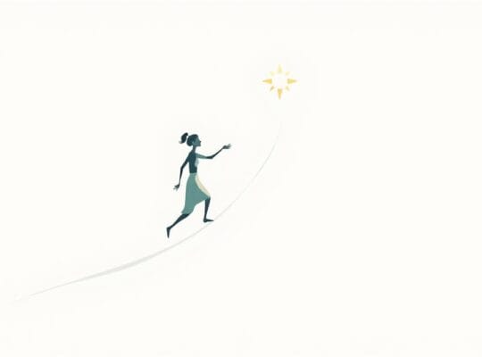 Abstrakcyjne figury pokonujące krzywą w kierunku gwiazdy, symbolizujące rozwój zawodowy i rywalizację.