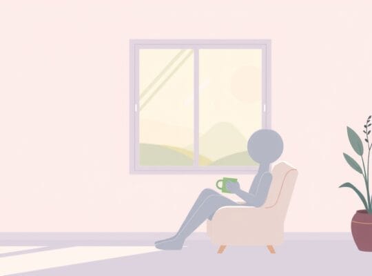 Czas dla siebie: postać przy oknie z kubkiem, łagodny świat wewnętrznej ciszy i rozwoju.