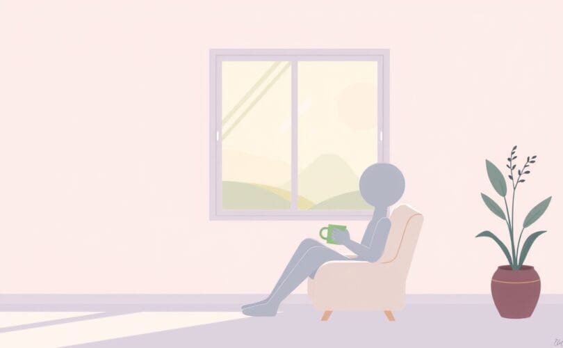 Czas dla siebie: postać przy oknie z kubkiem, łagodny świat wewnętrznej ciszy i rozwoju.