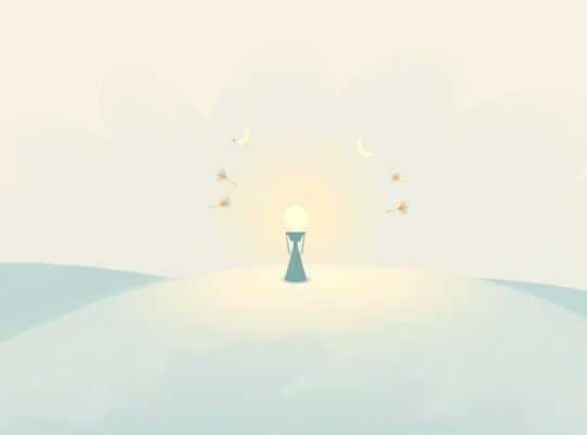 Delikatna, pastelowa ilustracja: lampa oświetla scieżkę, wskazując kierunek ku odległemu, przyjaznemu kształtowi.
