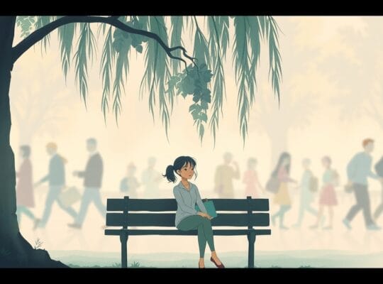 Stylizowana kobieta w stonowanych barwach na ławce, odseparowana od rozmytnego tłumu.