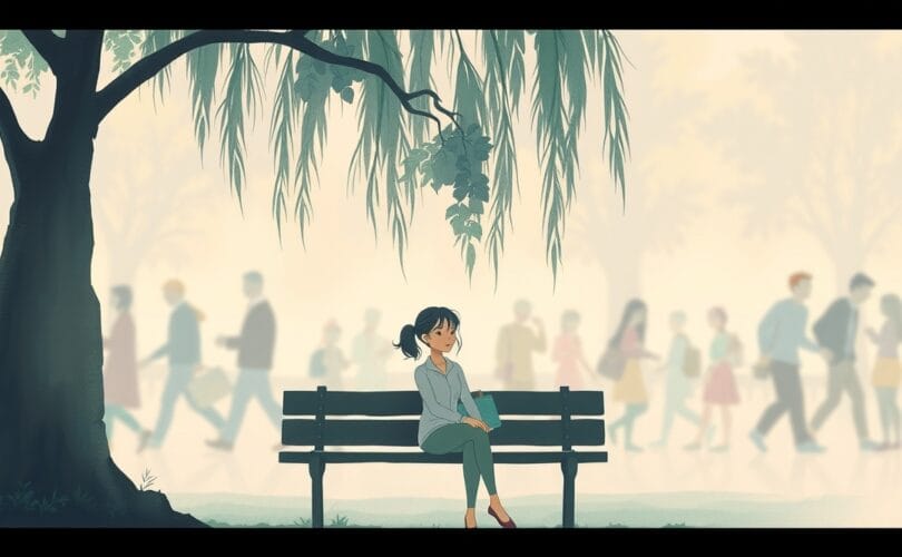 Stylizowana kobieta w stonowanych barwach na ławce, odseparowana od rozmytnego tłumu.
