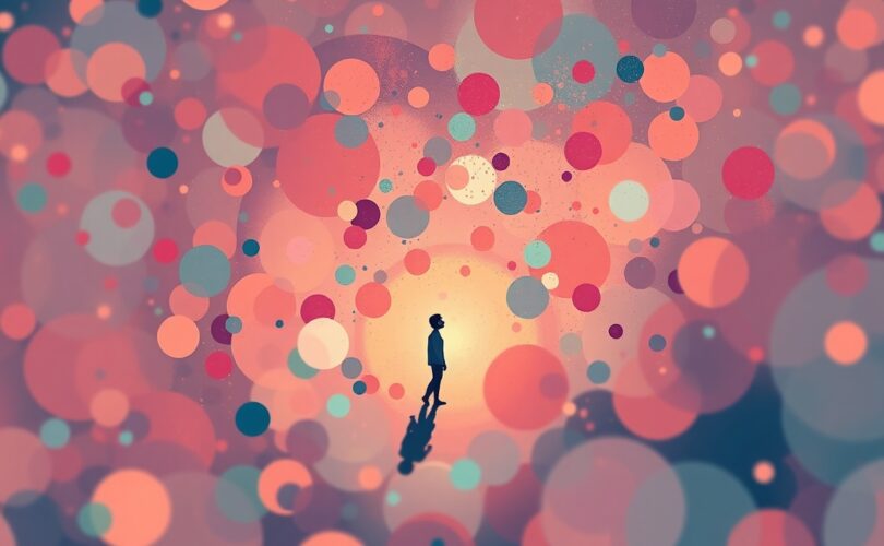 Samotna postać rozpuszcza się w pastelowym tłumie abstrakcyjnych kształtów.