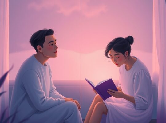 Dwie sylwetki oddzielone subtelną, świetlistą barierą w pastelowym, sennym wnętrzu.