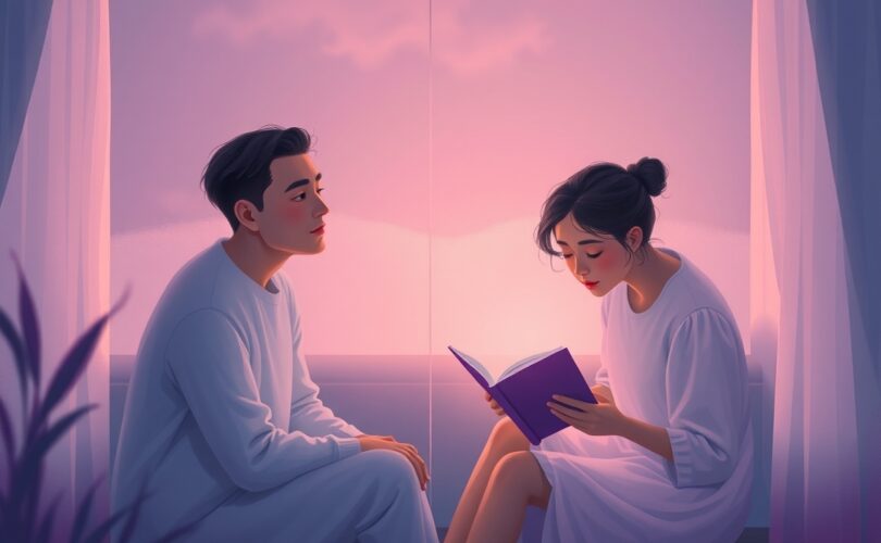 Dwie sylwetki oddzielone subtelną, świetlistą barierą w pastelowym, sennym wnętrzu.