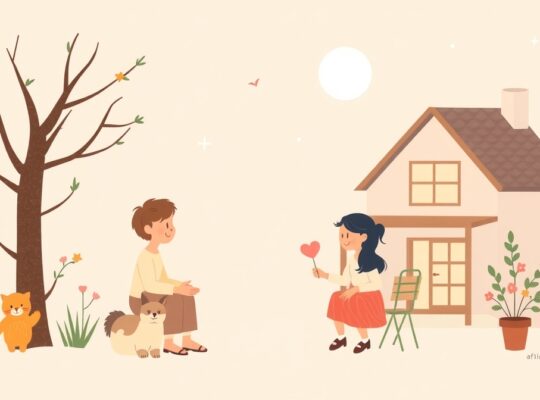 Miękkie pastelowe formy symbolizują budowanie pozytywnych relacji sąsiedzkich, tworząc poczucie wspólnoty.