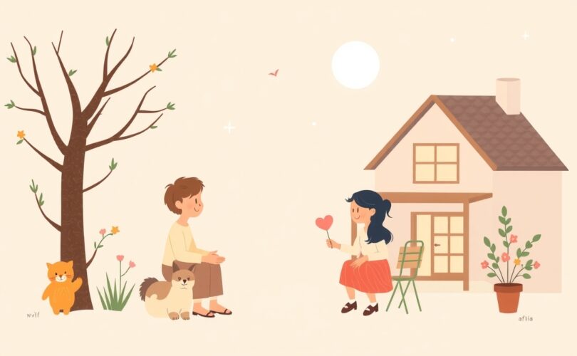 Miękkie pastelowe formy symbolizują budowanie pozytywnych relacji sąsiedzkich, tworząc poczucie wspólnoty.