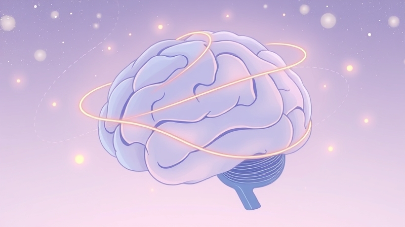 Stylizowany, pastelowy mózg, światła snu REM, subtelne kształty emocji w łagodnej kompozycji.