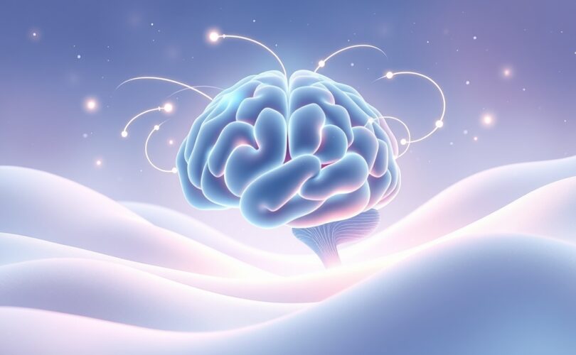 Surrealistyczny, pastelowy mózg w świetle, symbolizujący regenerację podczas głębokiego snu.