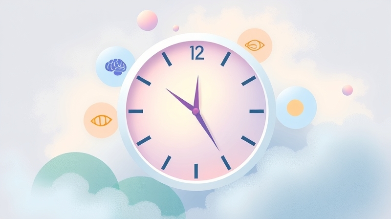 Symboliczna ilustracja snu polifazowego: delikatny zegar z pastelowymi segmentami i eterycznymi światłami.