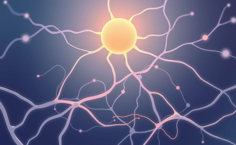 Abstrakcyjna wizualizacja ścieżek neuronowych z kulą serotoninową, sugerująca samokontrolę.