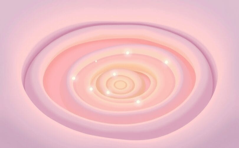 Stylizowany, wirujący labirynt z subtelnymi, świetlistymi cząsteczkami serotoniny.