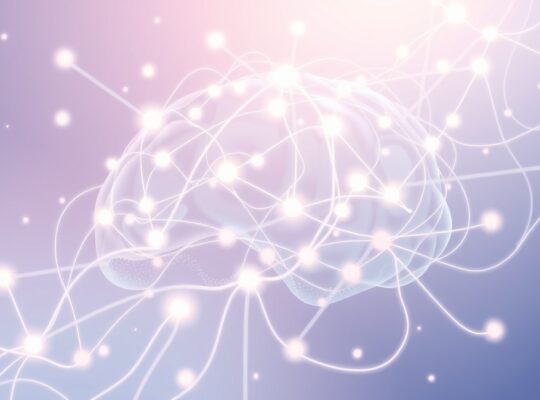 Delikatne, pastelowe, świetliste nici neuronowe, tworzące na tle snu, symbolizują wpływ serotoniny na nastrój.