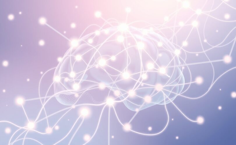 Delikatne, pastelowe, świetliste nici neuronowe, tworzące na tle snu, symbolizują wpływ serotoniny na nastrój.