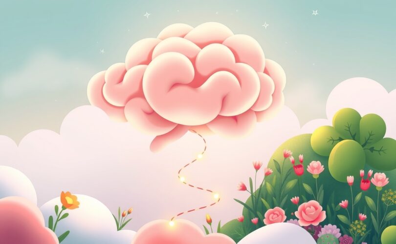 Mózg z chmur, połączony świetlistą ścieżką z ogrodem jelit, z cząsteczkami serotoniny błyszczącymi na drodze.