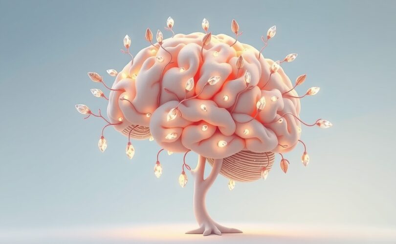 Surrealistyczne drzewo-mózg z cukrowymi kryształkami i melancholijnymi liśćmi.