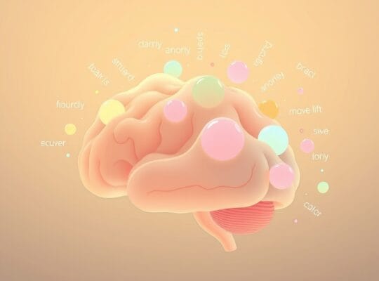 Stylizowany mózg z kolorowymi kulami emocji kształtowanymi przez płynące słowa.