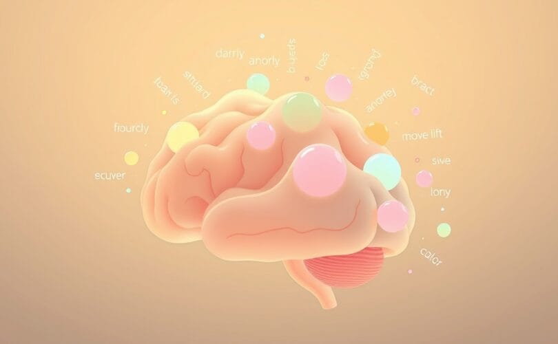 Stylizowany mózg z kolorowymi kulami emocji kształtowanymi przez płynące słowa.
