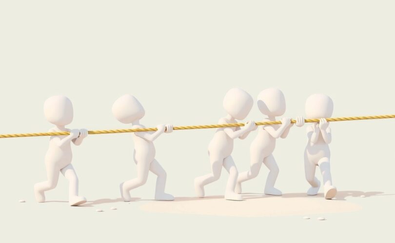Symboliczna ilustracja społecznego lenistwa: mniej zaangażowani członkowie grupy ciągnący linę.