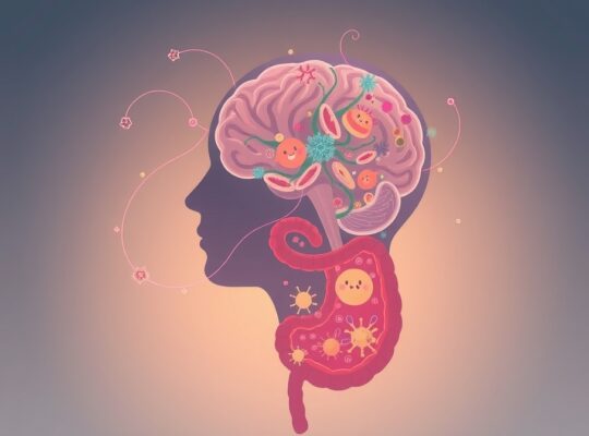 Delikatna ilustracja łączności mózgu z korzystnym mikrobiomem jelitowym, pastelowa, magiczna atmosfera.
