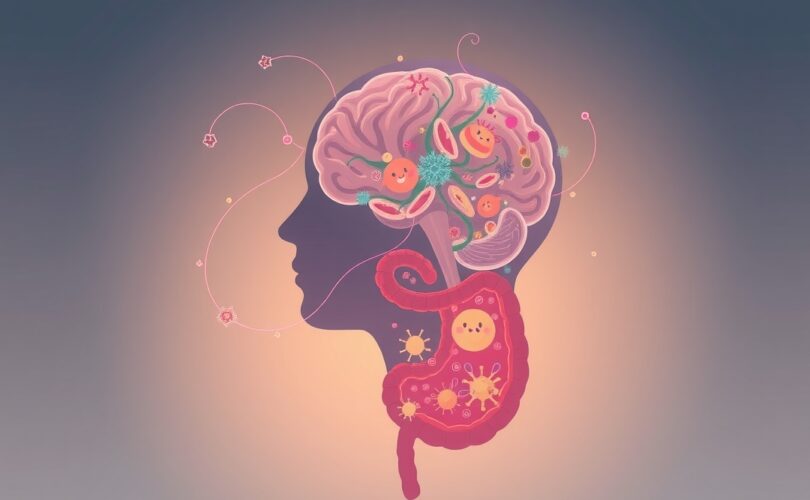 Delikatna ilustracja łączności mózgu z korzystnym mikrobiomem jelitowym, pastelowa, magiczna atmosfera.