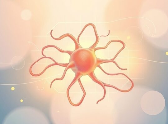 Symboliczna ilustracja delikatnego połączenia między stresem a neuronami, w łagodnych pastelach.