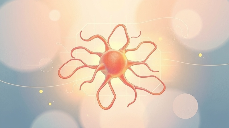 Symboliczna ilustracja delikatnego połączenia między stresem a neuronami, w łagodnych pastelach.