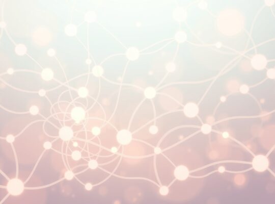 Miękka ilustracja łącząca delikatne linie i świetliste węzły, symbolizujące układ nerwowy pod wpływem stresu.