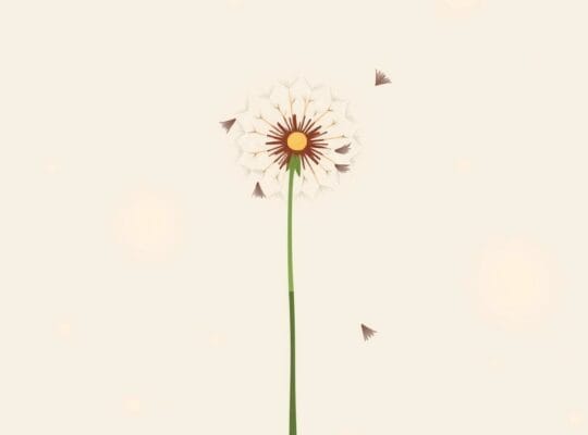 Puchata główka dmuchawca w łagodnym wietrze, jeden dmuchawiec wzbija się ku górze, pastelowe tło.