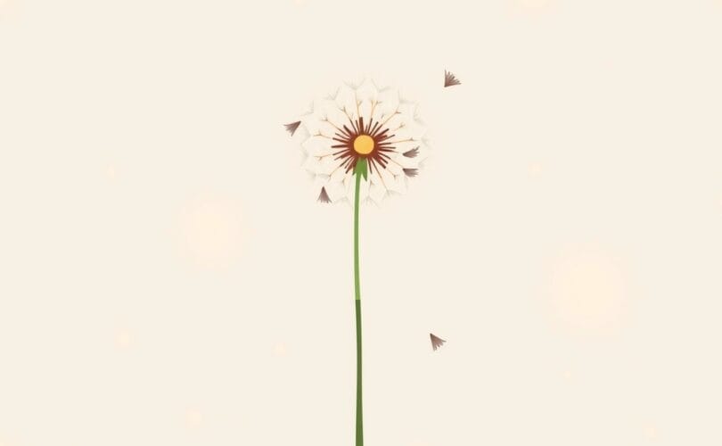 Puchata główka dmuchawca w łagodnym wietrze, jeden dmuchawiec wzbija się ku górze, pastelowe tło.