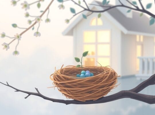 Puste gniazdo z wyrastającym pędem, dom z ciepłym światłem w tle, metafora pustego gniazda.