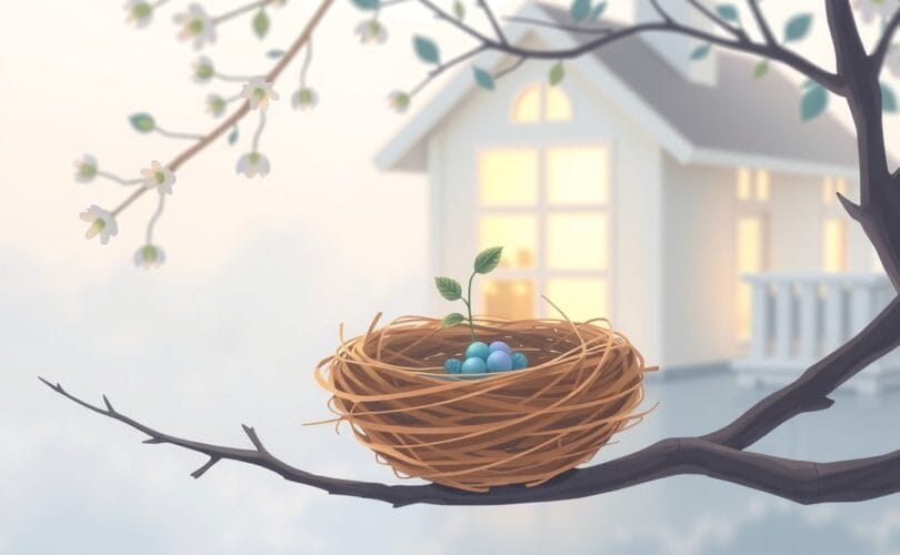 Puste gniazdo z wyrastającym pędem, dom z ciepłym światłem w tle, metafora pustego gniazda.
