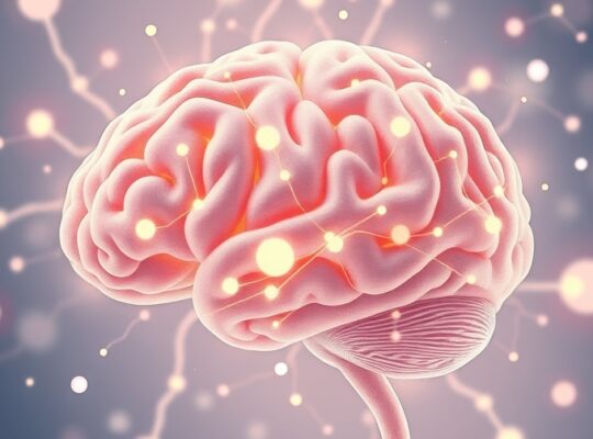 Abstrakcyjny mózg z neonowymi neuronami, pociągnięciami pędzla i nutą.