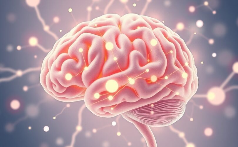 Abstrakcyjny mózg z neonowymi neuronami, pociągnięciami pędzla i nutą.