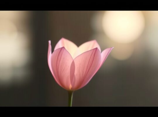 Delikatny, eteryczny pąk kwiatu, subtelnie się rozwijający w pastelowych barwach.