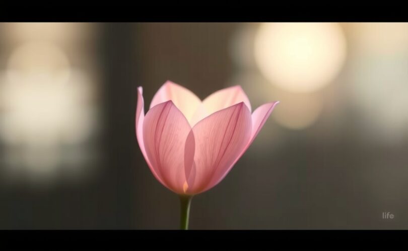 Delikatny, eteryczny pąk kwiatu, subtelnie się rozwijający w pastelowych barwach.