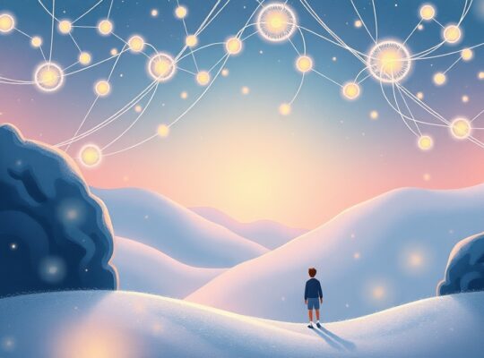 Ścieżka myśli i słów, pulsujące sieci neuronowe, pastelowa kraina kreatywności.