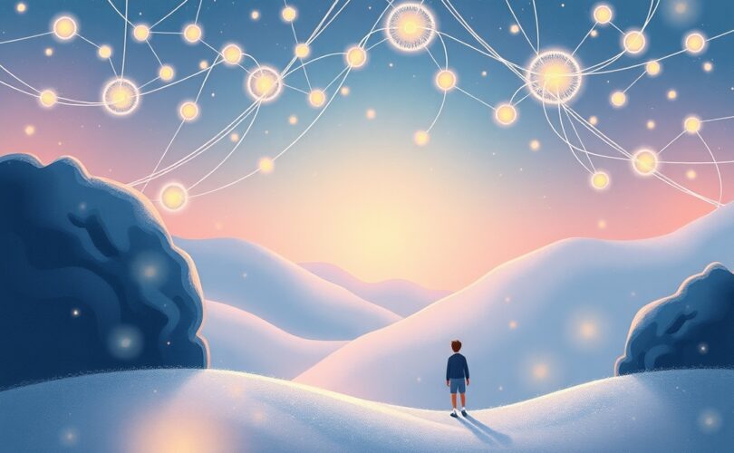 Ścieżka myśli i słów, pulsujące sieci neuronowe, pastelowa kraina kreatywności.