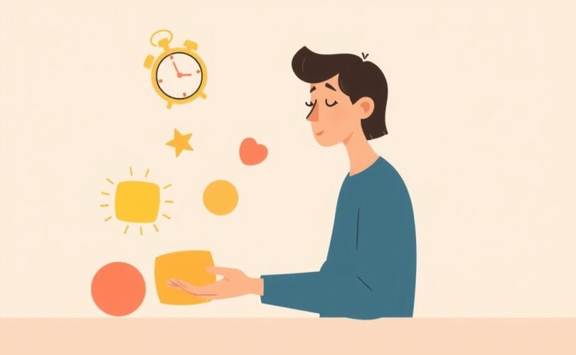 Ilustracja psychodeliczna: osoba układa abstrakcyjne kształty, symbolizujące tarefa i czas. Pastelowe kolory, spokój, magiczna atmosfera.